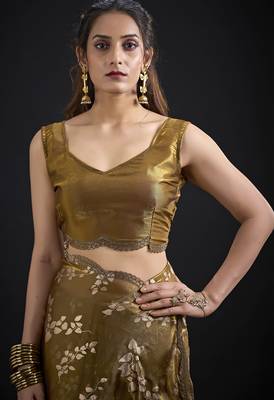 Golden color satin silk floral printed work designer saree 5