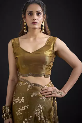 Golden color satin silk floral printed work designer saree