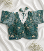 Powder blue designer blouse with heavy floral embroidery & sequins
