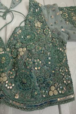 Powder blue designer blouse with heavy floral embroidery & sequins 5