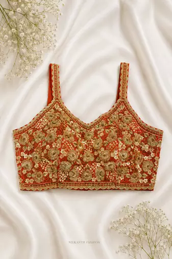 Rust red sequin & zardosi work blouse with scalloped straps