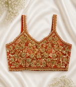 Rust red sequin & zardosi work blouse with scalloped straps