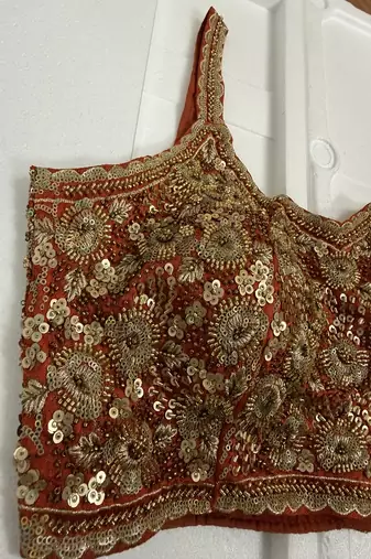 Rust red sequin & zardosi work blouse with scalloped straps