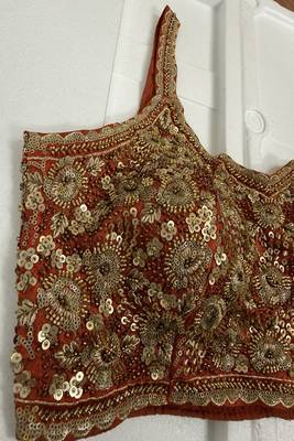 Rust red sequin & zardosi work blouse with scalloped straps 3