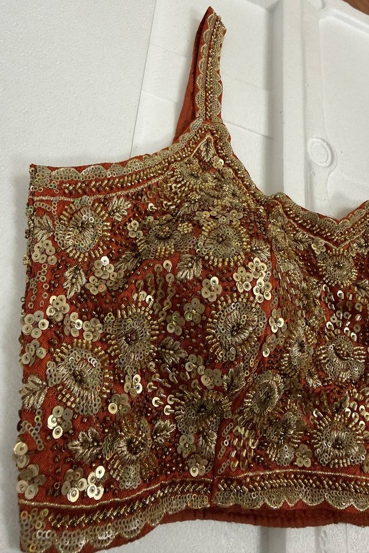 Rust red sequin & zardosi work blouse with scalloped straps