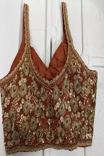 Rust red sequin & zardosi work blouse with scalloped straps