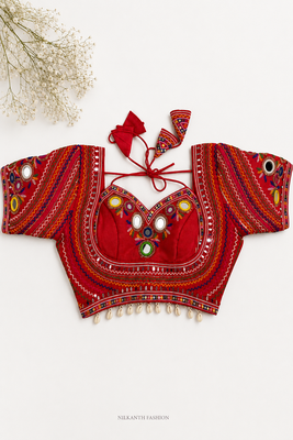 Red navratri blouse with mirror & kutchi embroidery 1