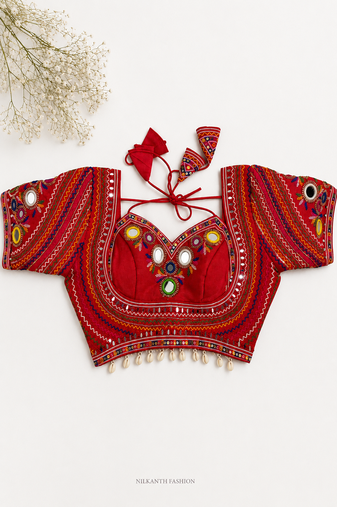 Red navratri blouse with mirror & kutchi embroidery
