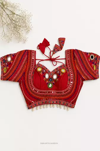Red navratri blouse with mirror & kutchi embroidery