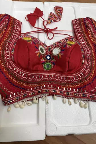 Red navratri blouse with mirror & kutchi embroidery