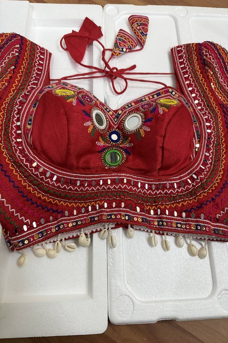 Red navratri blouse with mirror & kutchi embroidery
