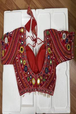 Red navratri blouse with mirror & kutchi embroidery 3