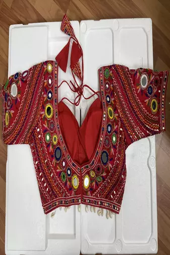 Red navratri blouse with mirror & kutchi embroidery