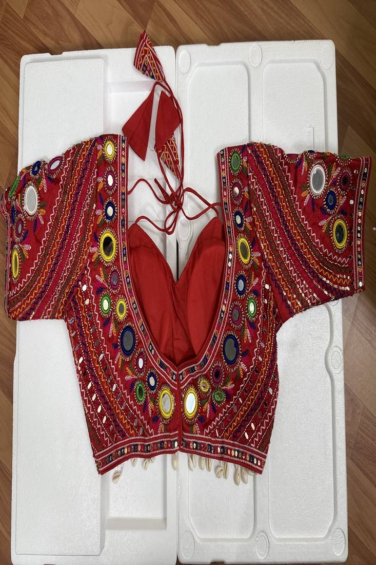 Red navratri blouse with mirror & kutchi embroidery