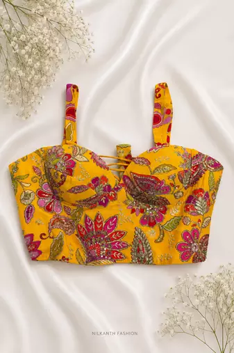 Mustard yellow silk corset blouse with kalamkari prints & sequins