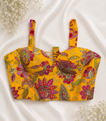 Mustard yellow silk corset blouse with kalamkari prints & sequins