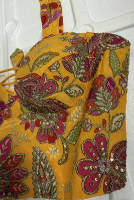 Mustard yellow silk corset blouse with kalamkari prints & sequins 2
