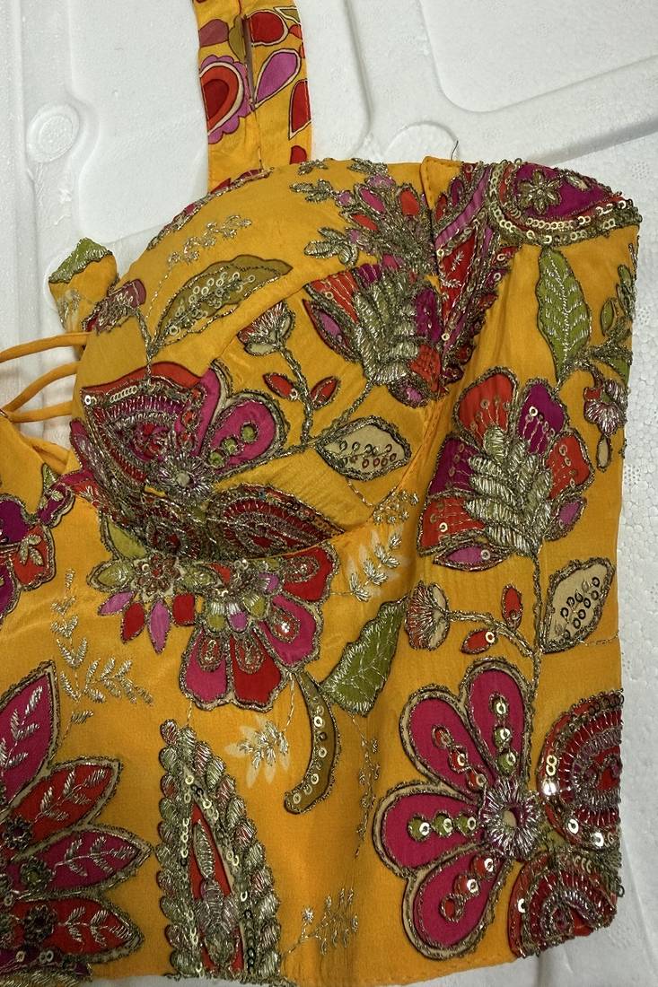 Mustard yellow silk corset blouse with kalamkari prints & sequins