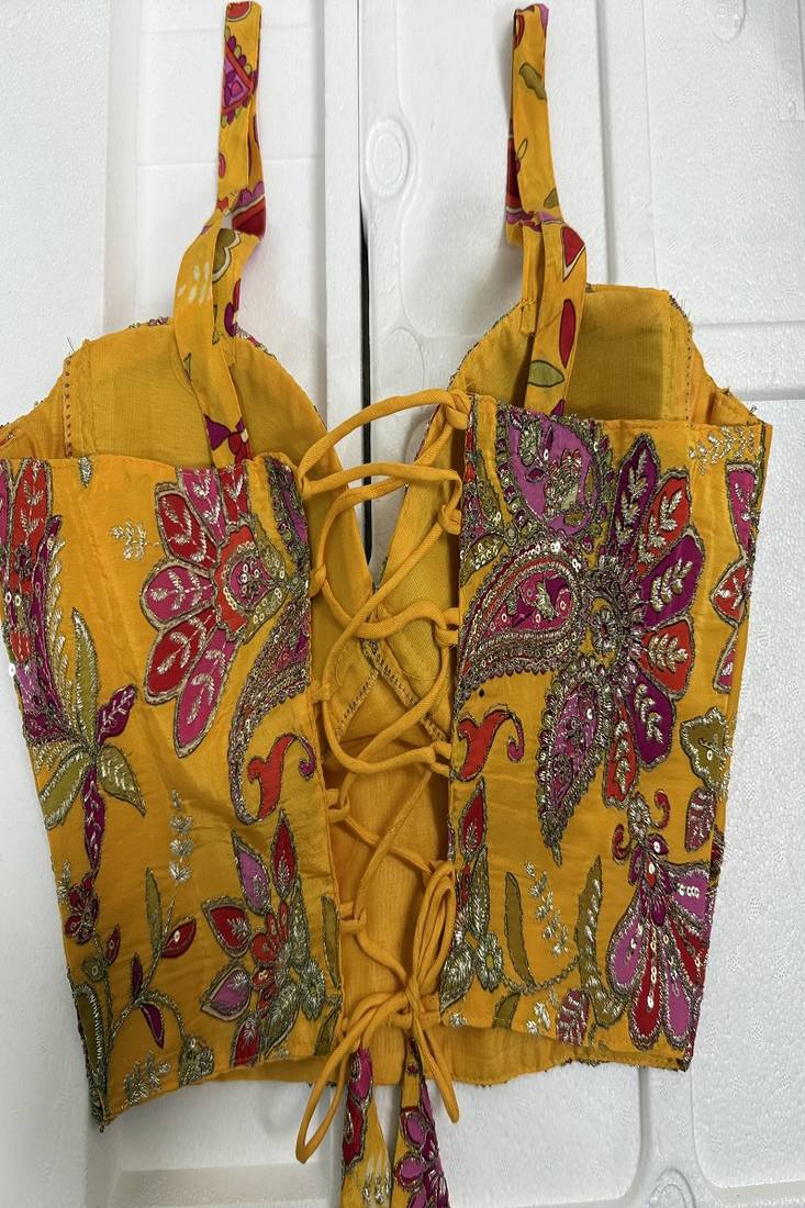 Mustard yellow silk corset blouse with kalamkari prints & sequins