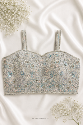 Silver-grey threadwork blouse with sequins & pearl borders 1
