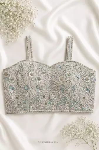 Silver-grey threadwork blouse with sequins & pearl borders