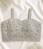 Silver-grey threadwork blouse with sequins & pearl borders