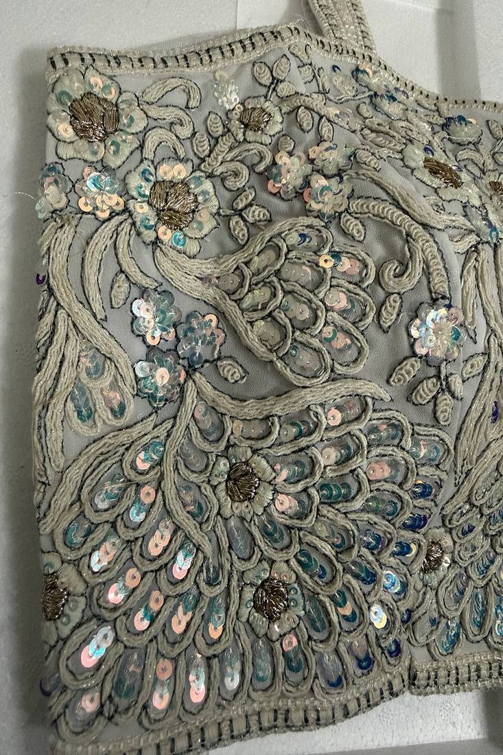 Silver-grey threadwork blouse with sequins & pearl borders