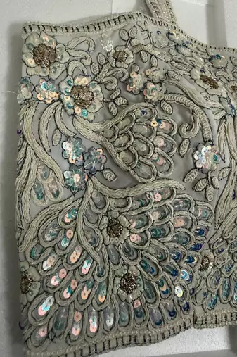 Silver-grey threadwork blouse with sequins & pearl borders