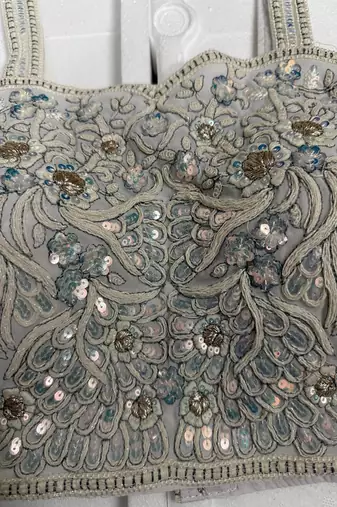 Silver-grey threadwork blouse with sequins & pearl borders