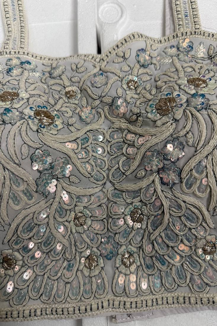 Silver-grey threadwork blouse with sequins & pearl borders