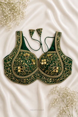 Emerald green silk blouse with heavy gold gota work & latkan 1