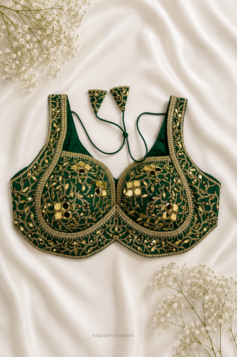 Emerald green silk blouse with heavy gold gota work & latkan