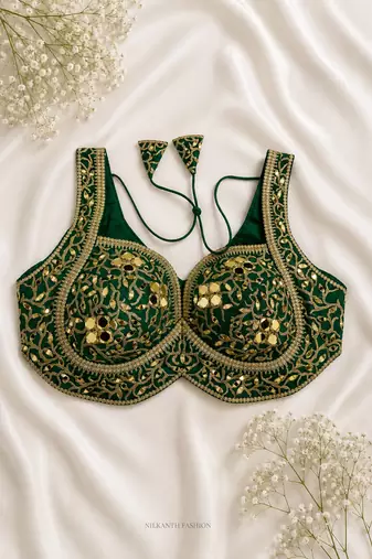 Emerald green silk blouse with heavy gold gota work & latkan
