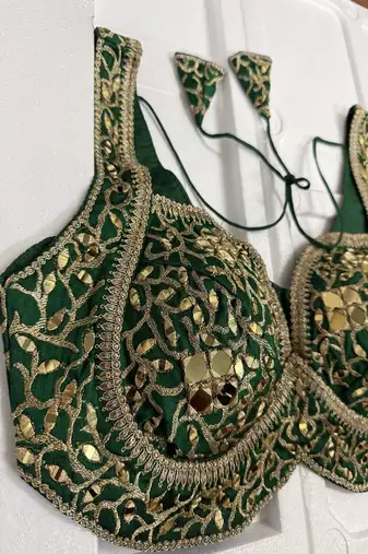 Emerald green silk blouse with heavy gold gota work & latkan