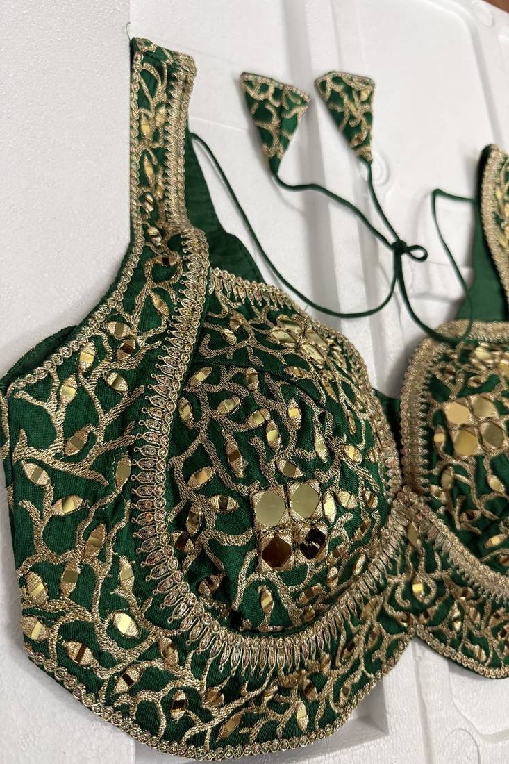 Emerald green silk blouse with heavy gold gota work & latkan