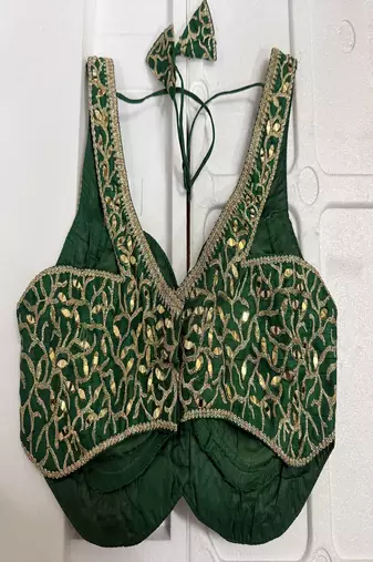 Emerald green silk blouse with heavy gold gota work & latkan