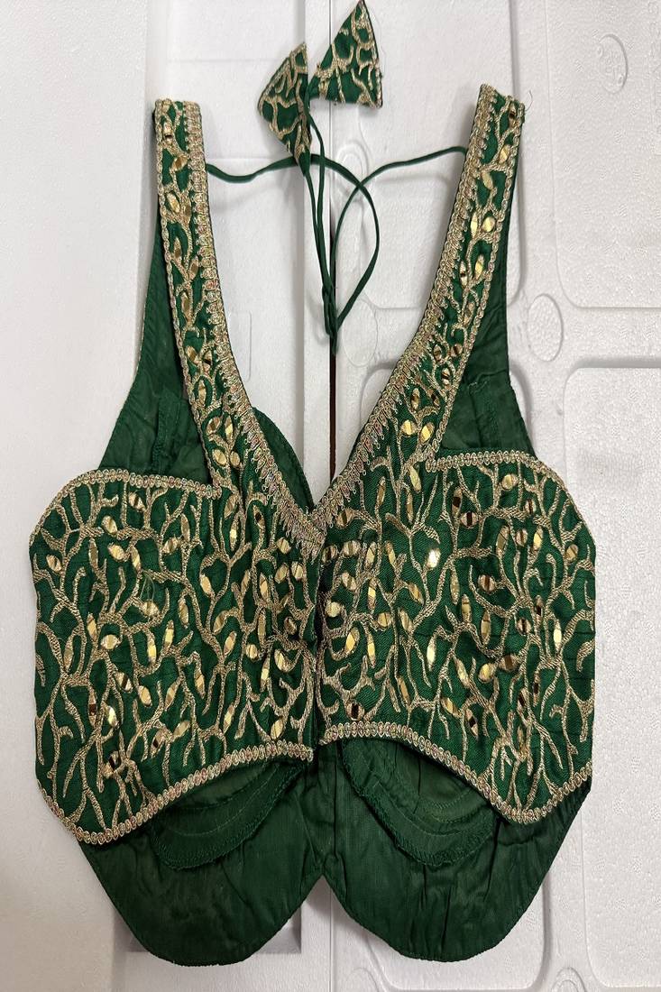 Emerald green silk blouse with heavy gold gota work & latkan