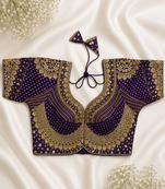 Deep purple silk blouse with heavy gold zari & sequin work