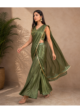 Elegant Pre-Draped Sharara Saree with Sequence Embroidered Stitched Blouse. 1