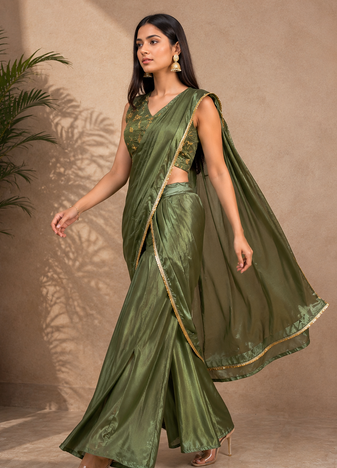 Elegant Pre-Draped Sharara Saree with Sequence Embroidered Stitched Blouse.
