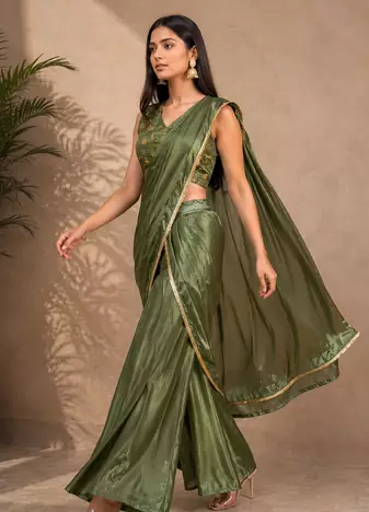 Elegant Pre-Draped Sharara Saree with Sequence Embroidered Stitched Blouse.