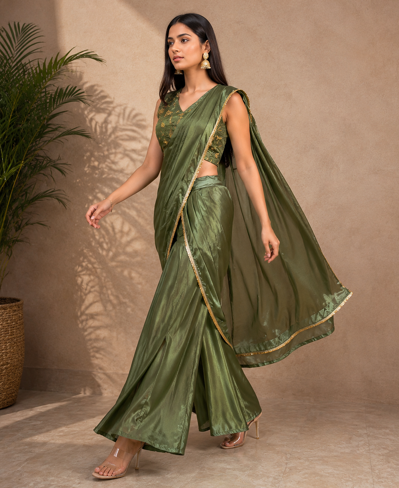 Elegant Pre-Draped Sharara Saree with Sequence Embroidered Stitched Blouse.