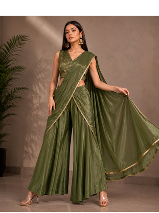 Elegant Pre-Draped Sharara Saree with Sequence Embroidered Stitched Blouse. 2