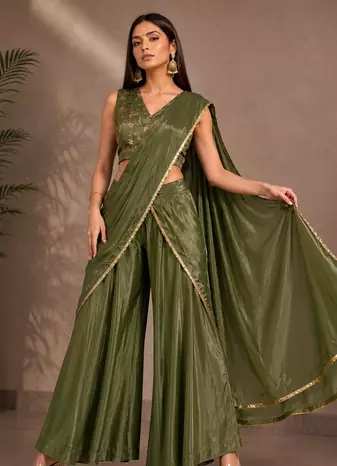 Elegant Pre-Draped Sharara Saree with Sequence Embroidered Stitched Blouse.