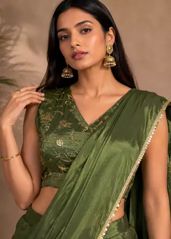 Elegant Pre-Draped Sharara Saree with Sequence Embroidered Stitched Blouse.