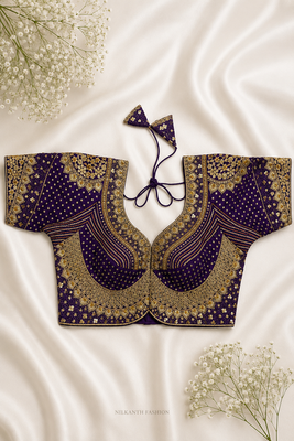 Deep purple silk blouse with heavy gold zari & sequin work 2