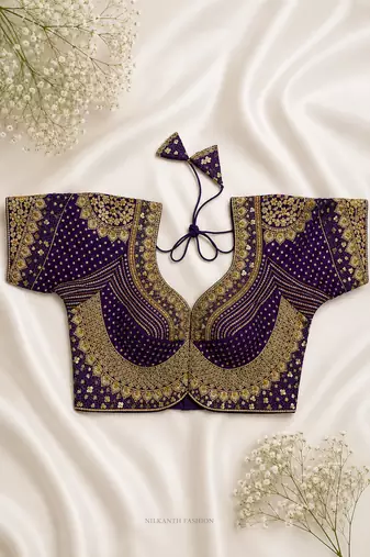 Deep purple silk blouse with heavy gold zari & sequin work