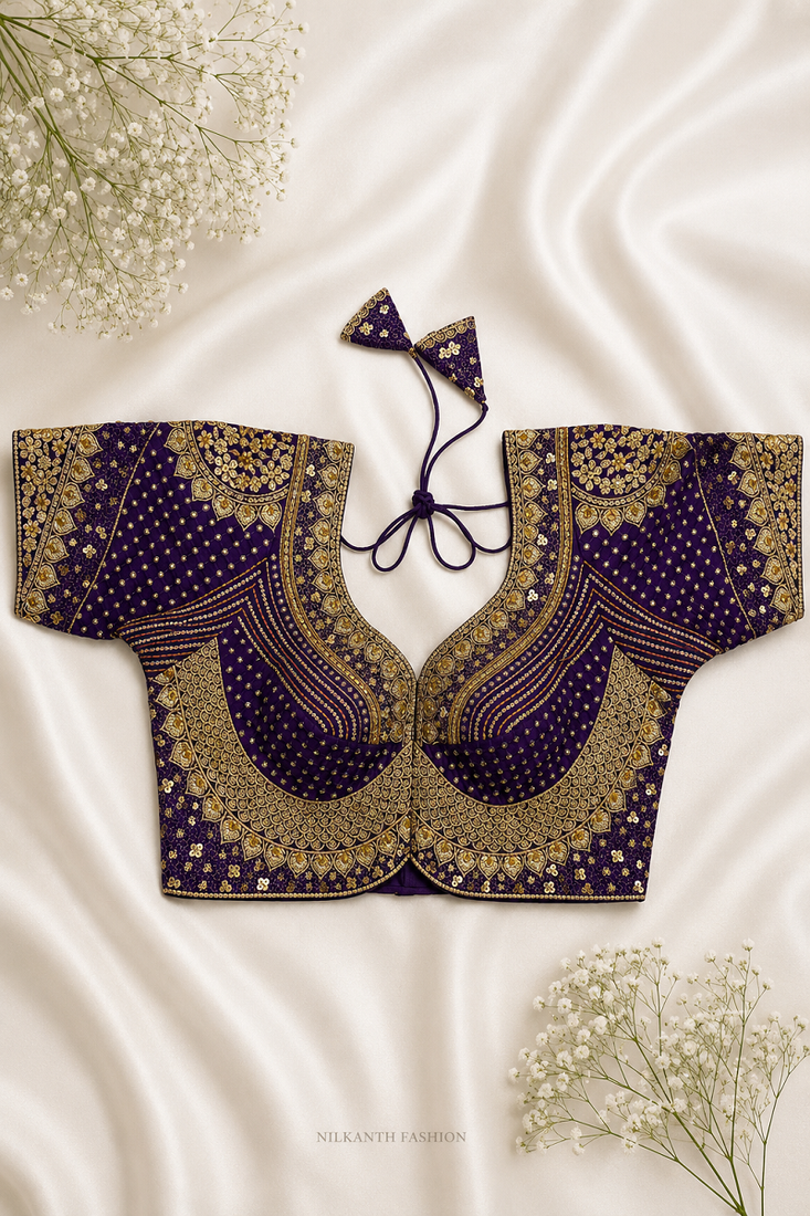 Deep purple silk blouse with heavy gold zari & sequin work