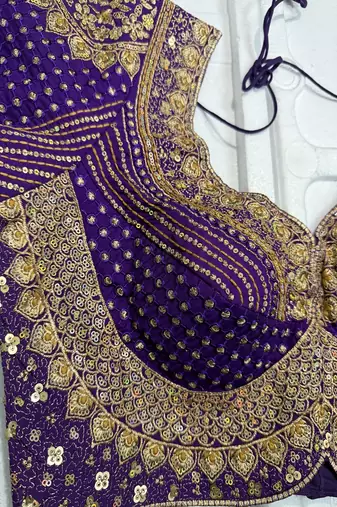 Deep purple silk blouse with heavy gold zari & sequin work