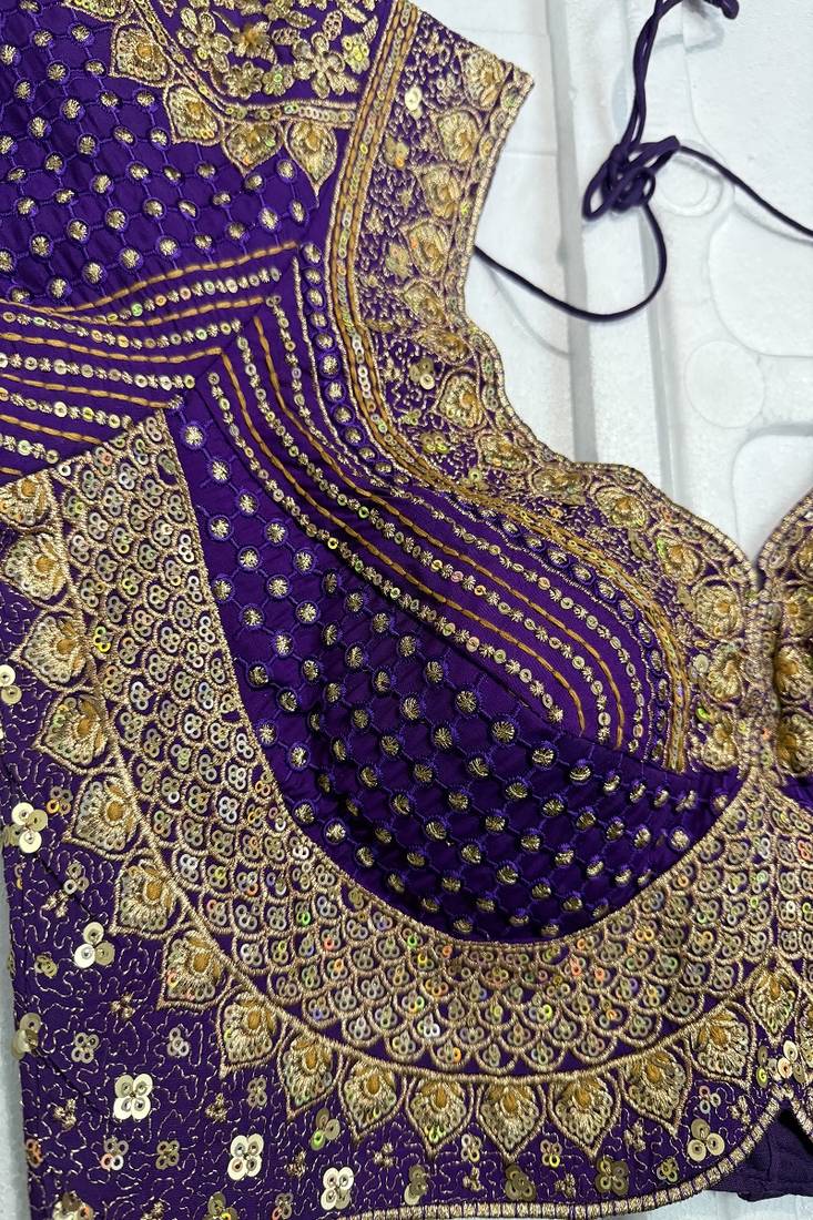 Deep purple silk blouse with heavy gold zari & sequin work